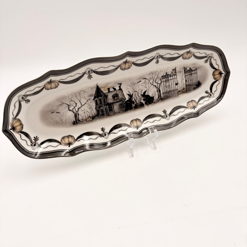 Halloween Haunted House Witches Skulls Scalloped Melamine Serving Platter 15in